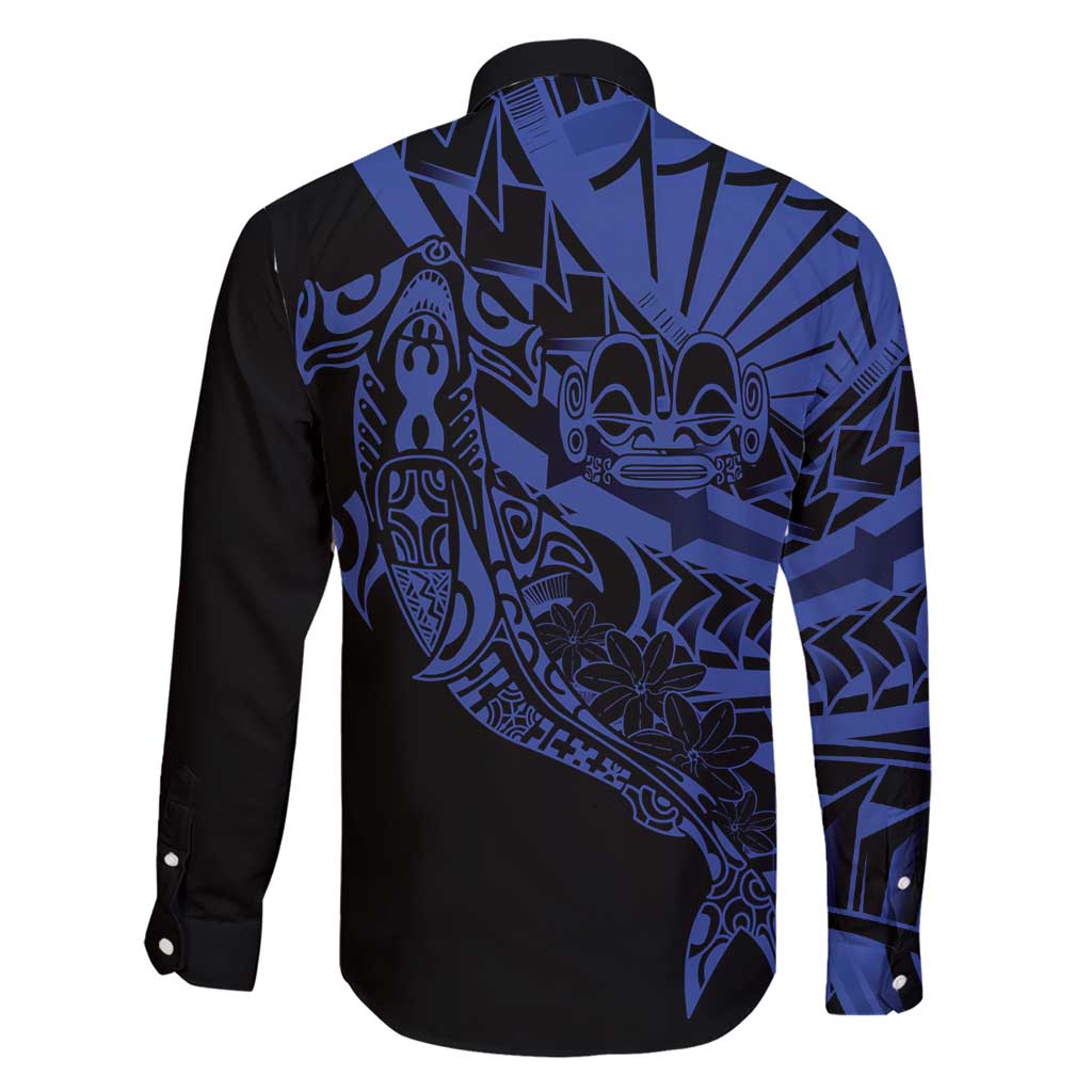 Blue Marquesas Islands Family Matching Short Sleeve Bodycon Dress and Hawaiian Shirt Marquesan Matatiki Hammerhead Shark Patutiki - Polynesian Pride