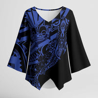 Blue Marquesas Islands Kimono Sleeve Blouse Marquesan Matatiki Hammerhead Shark Patutiki - Polynesian Pride