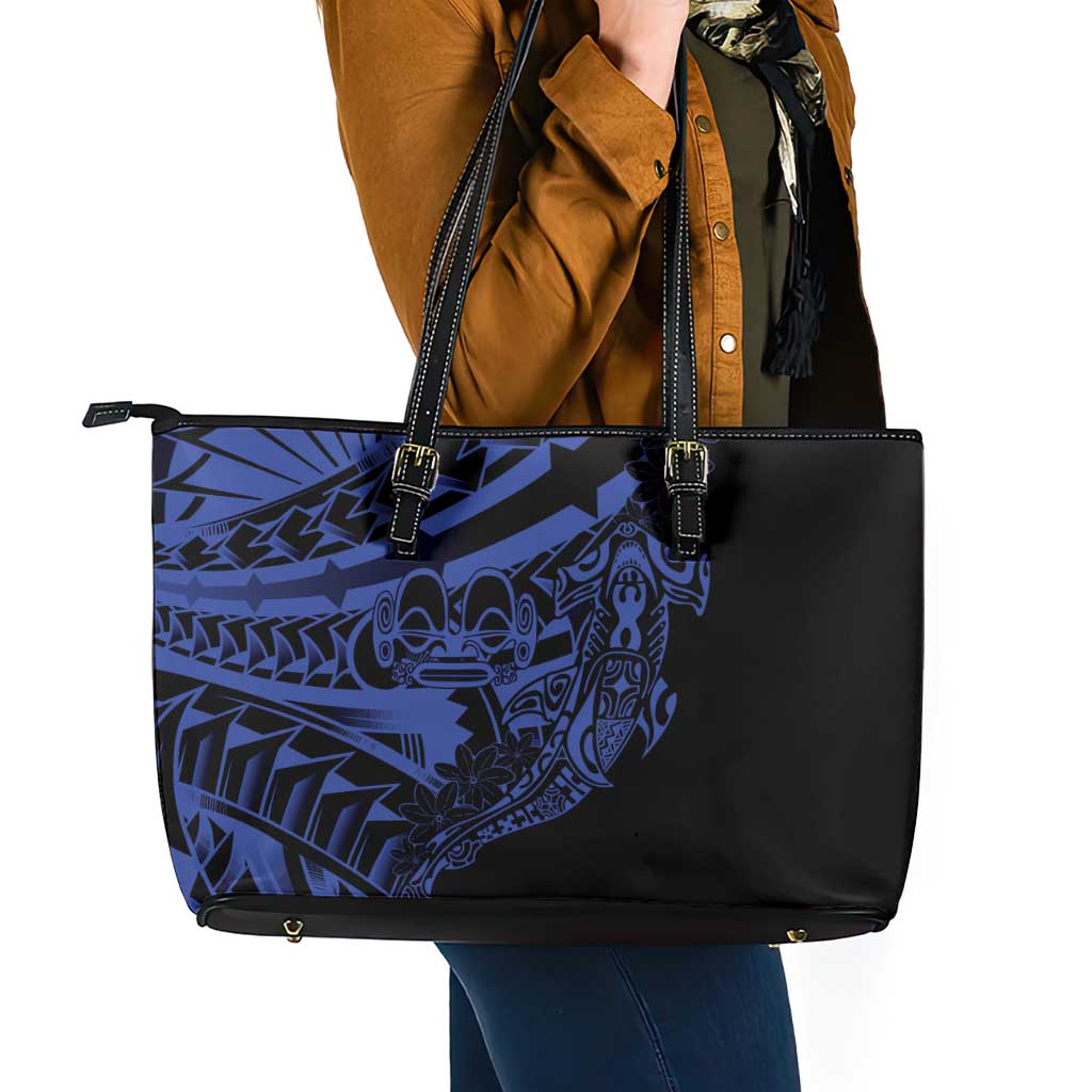 Blue Marquesas Islands Leather Tote Bag Marquesan Matatiki Hammerhead Shark Patutiki - Polynesian Pride