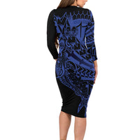 Blue Marquesas Islands Long Sleeve Bodycon Dress Marquesan Matatiki Hammerhead Shark Patutiki - Polynesian Pride