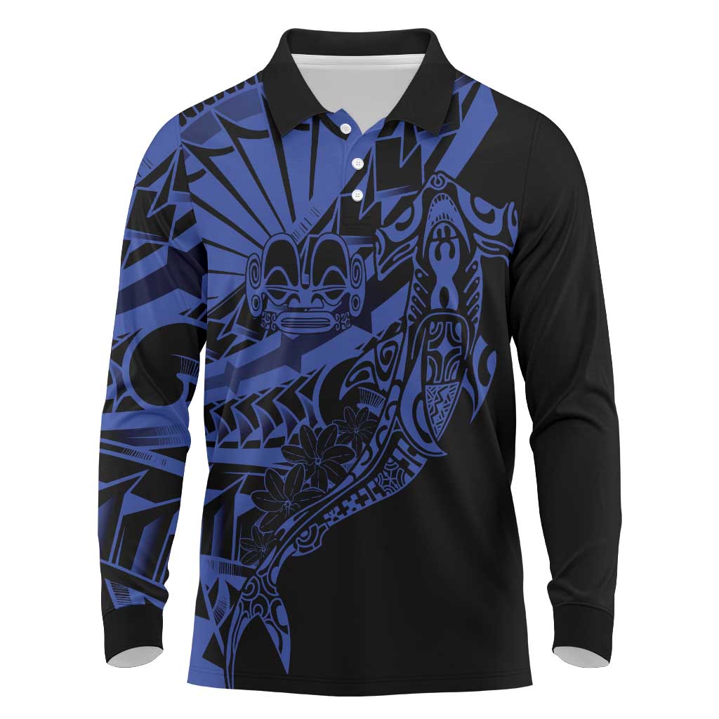Blue Marquesas Islands Long Sleeve Polo Shirt Marquesan Matatiki Hammerhead Shark Patutiki - Polynesian Pride
