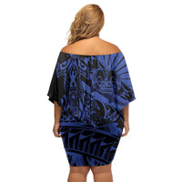 Blue Marquesas Islands Off Shoulder Short Dress Marquesan Matatiki Hammerhead Shark Patutiki - Polynesian Pride