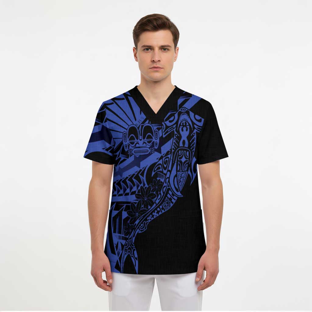 Blue Marquesas Islands Scrub Top Marquesan Matatiki Hammerhead Shark Patutiki - Polynesian Pride