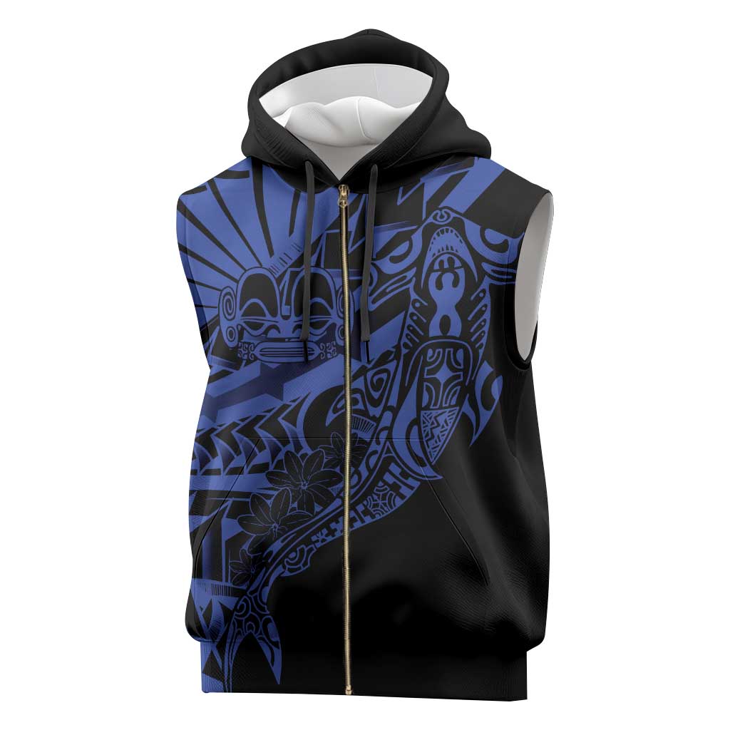 Blue Marquesas Islands Sleeveless Zip Hoodie Marquesan Matatiki Hammerhead Shark Patutiki - Polynesian Pride