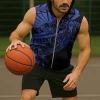 Blue Marquesas Islands Sleeveless Zip Hoodie Marquesan Matatiki Hammerhead Shark Patutiki - Polynesian Pride