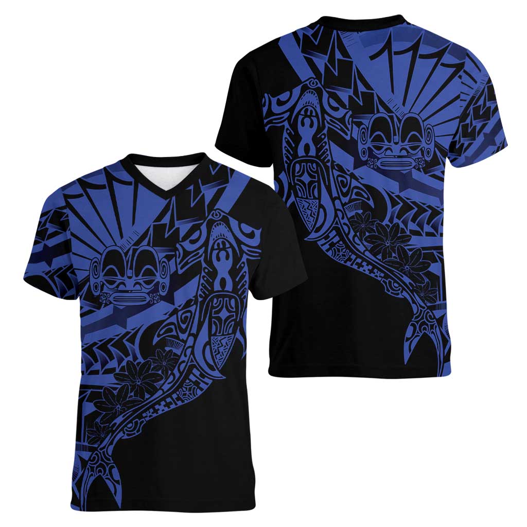 Blue Marquesas Islands Women V-Neck T-Shirt Marquesan Matatiki Hammerhead Shark Patutiki - Polynesian Pride