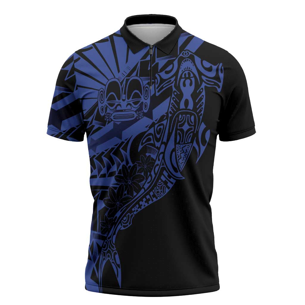 Blue Marquesas Islands Zipper Polo Shirt Marquesan Matatiki Hammerhead Shark Patutiki - Polynesian Pride