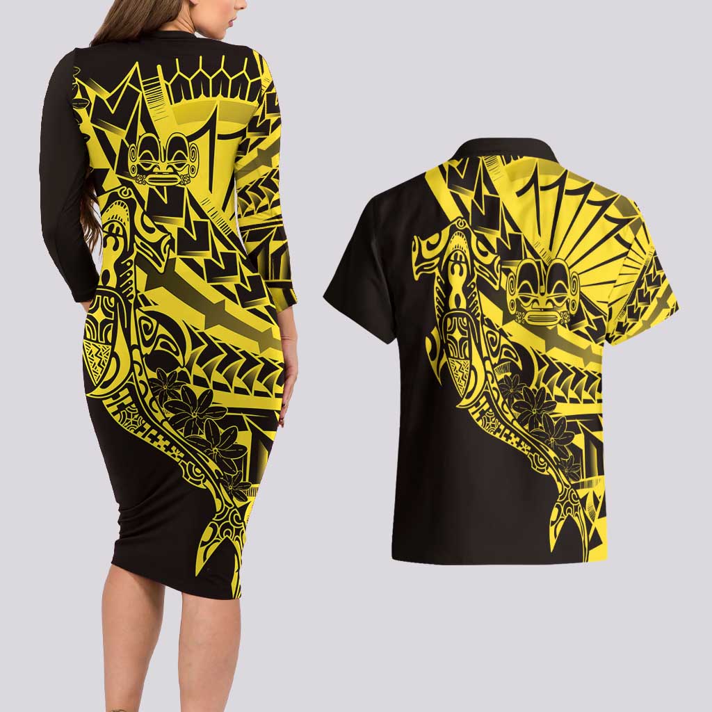 Yellow Marquesas Islands Couples Matching Long Sleeve Bodycon Dress and Hawaiian Shirt Marquesan Matatiki Hammerhead Shark Patutiki - Polynesian Pride