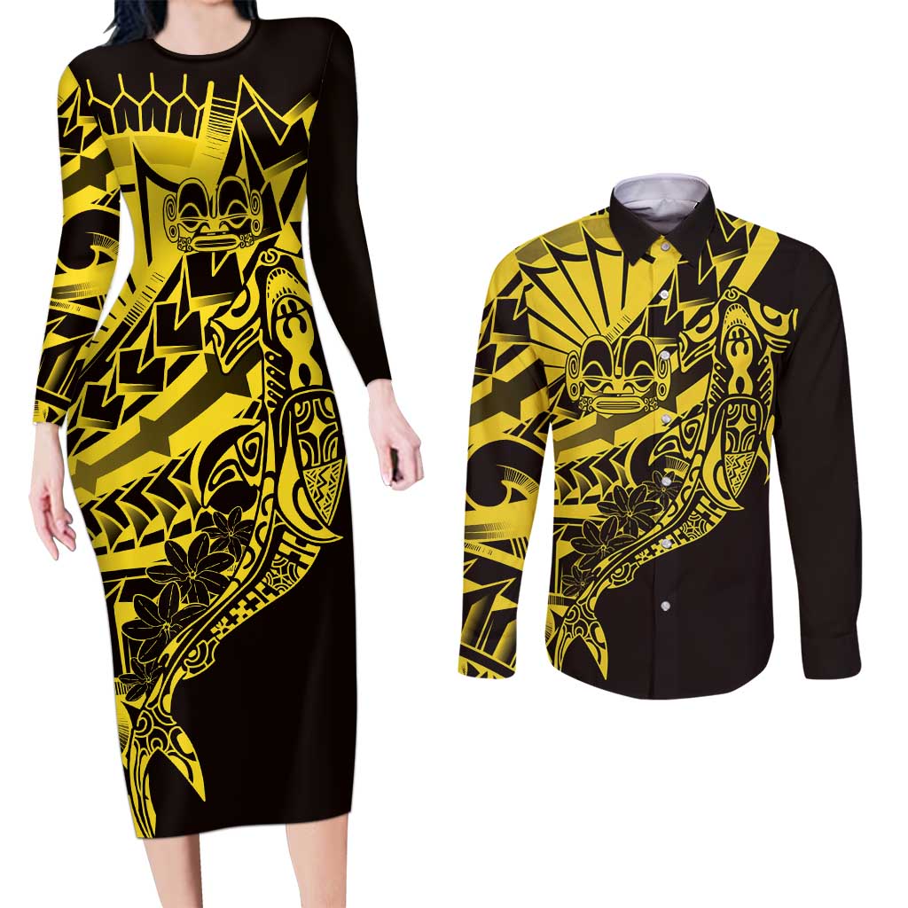 Yellow Marquesas Islands Couples Matching Long Sleeve Bodycon Dress and Long Sleeve Button Shirt Marquesan Matatiki Hammerhead Shark Patutiki - Polynesian Pride