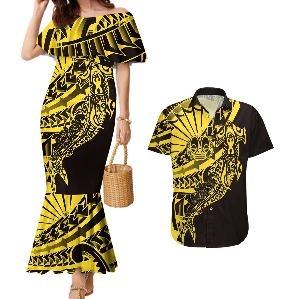 Yellow Marquesas Islands Couples Matching Mermaid Dress and Hawaiian Shirt Marquesan Matatiki Hammerhead Shark Patutiki - Polynesian Pride