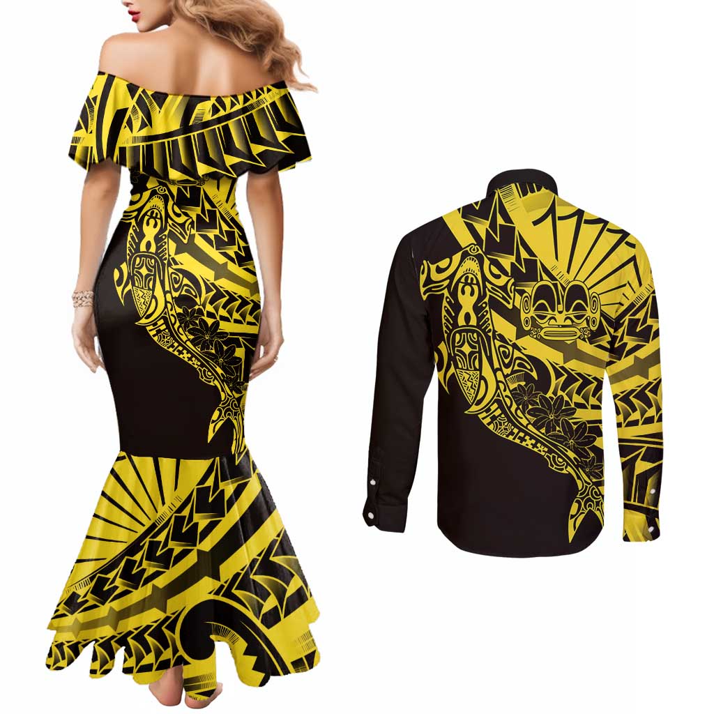 Yellow Marquesas Islands Couples Matching Mermaid Dress and Long Sleeve Button Shirt Marquesan Matatiki Hammerhead Shark Patutiki - Polynesian Pride