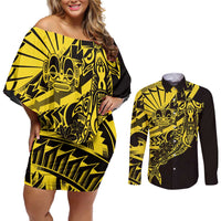 Yellow Marquesas Islands Couples Matching Off Shoulder Short Dress and Long Sleeve Button Shirt Marquesan Matatiki Hammerhead Shark Patutiki - Polynesian Pride