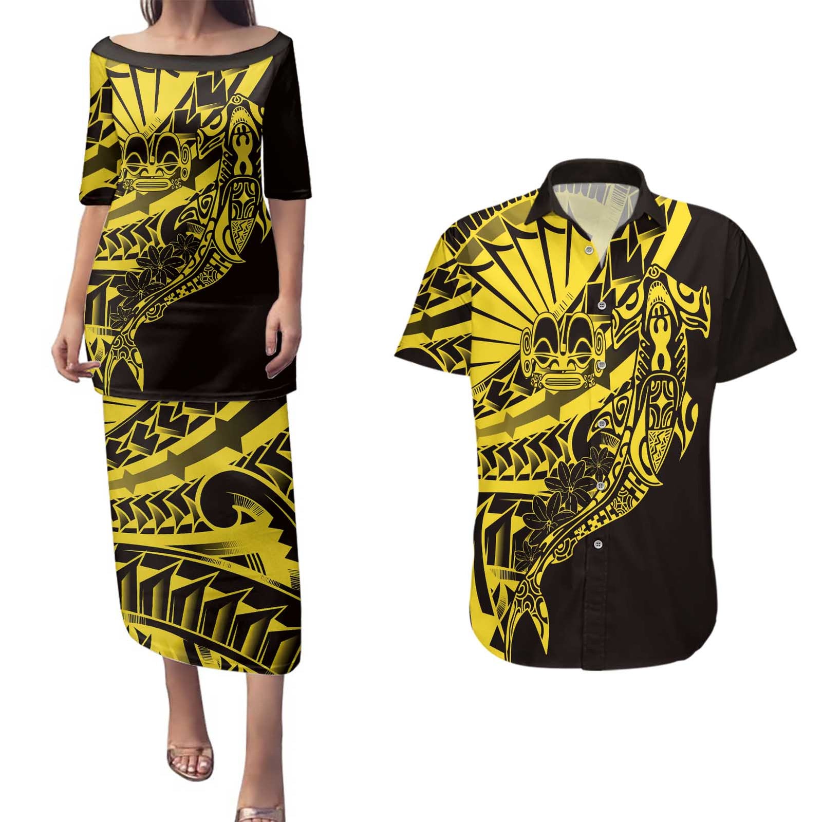 Yellow Marquesas Islands Couples Matching Puletasi and Hawaiian Shirt Marquesan Matatiki Hammerhead Shark Patutiki - Polynesian Pride