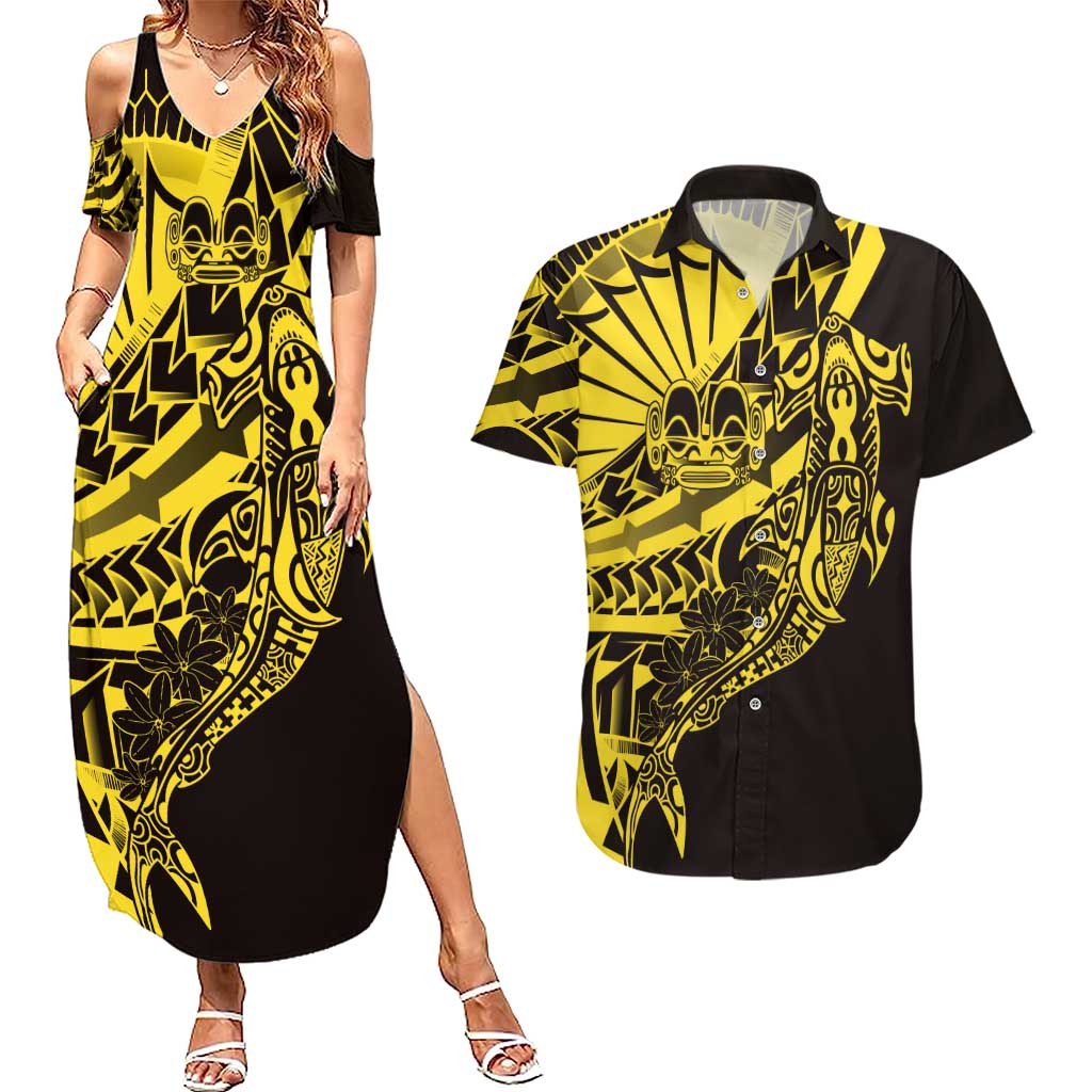 Yellow Marquesas Islands Couples Matching Summer Maxi Dress and Hawaiian Shirt Marquesan Matatiki Hammerhead Shark Patutiki - Polynesian Pride