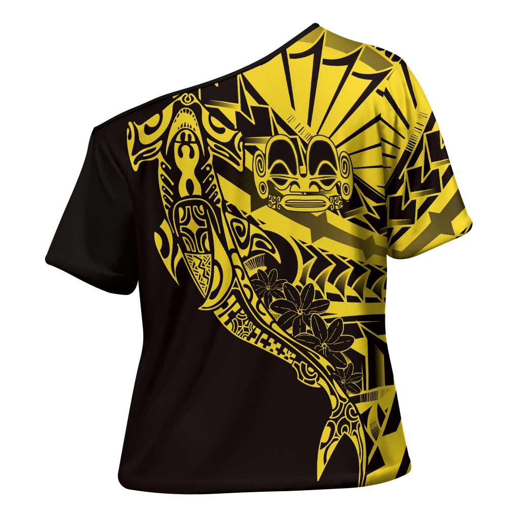 Yellow Marquesas Islands Cross Shoulder Shirt Marquesan Matatiki Hammerhead Shark Patutiki - Polynesian Pride