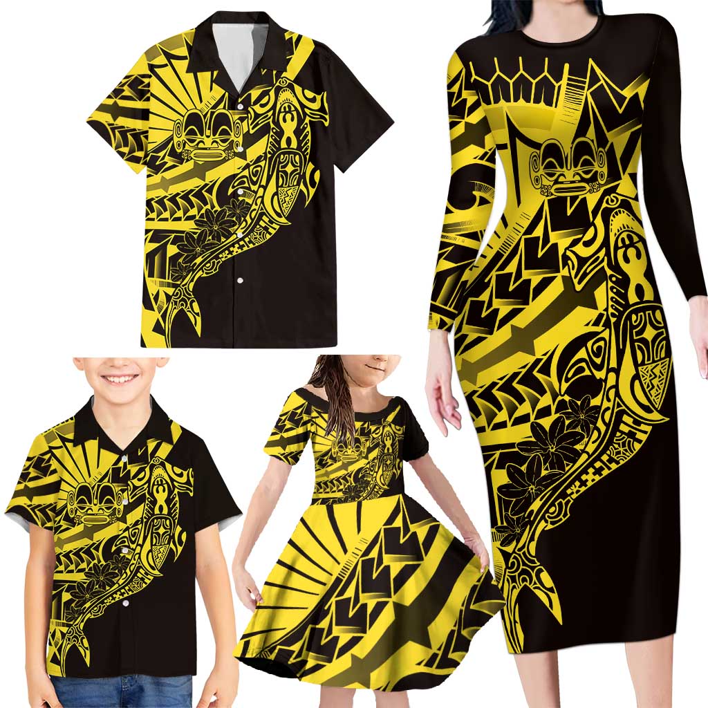 Yellow Marquesas Islands Family Matching Long Sleeve Bodycon Dress and Hawaiian Shirt Marquesan Matatiki Hammerhead Shark Patutiki - Polynesian Pride