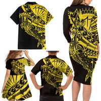 Yellow Marquesas Islands Family Matching Long Sleeve Bodycon Dress and Hawaiian Shirt Marquesan Matatiki Hammerhead Shark Patutiki - Polynesian Pride