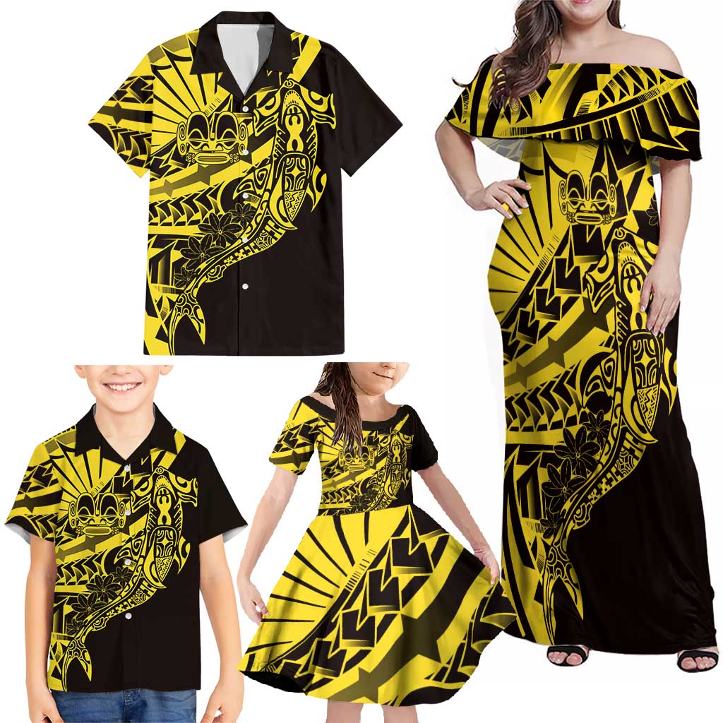 Yellow Marquesas Islands Family Matching Off Shoulder Maxi Dress and Hawaiian Shirt Marquesan Matatiki Hammerhead Shark Patutiki - Polynesian Pride