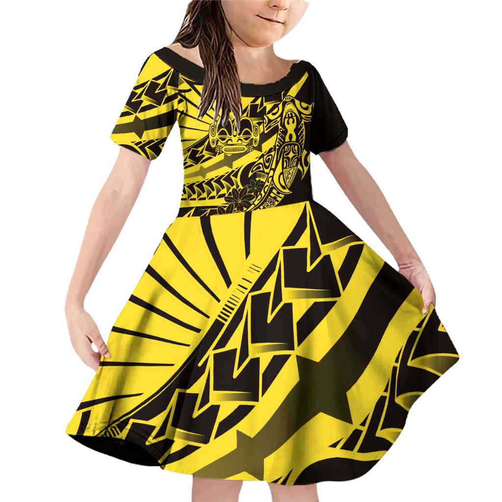 Yellow Marquesas Islands Family Matching Off Shoulder Short Dress and Hawaiian Shirt Marquesan Matatiki Hammerhead Shark Patutiki - Polynesian Pride