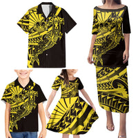 Yellow Marquesas Islands Family Matching Puletasi and Hawaiian Shirt Marquesan Matatiki Hammerhead Shark Patutiki - Polynesian Pride