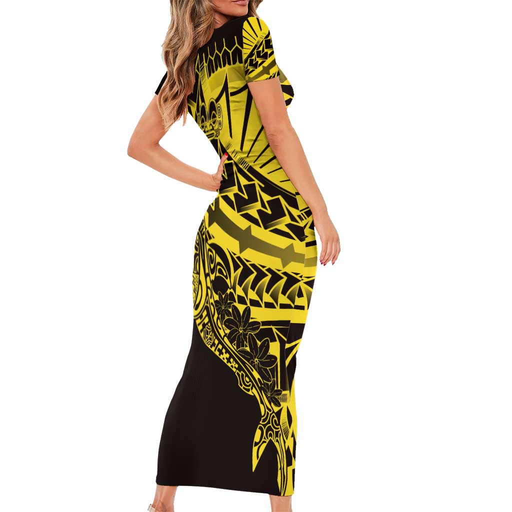 Yellow Marquesas Islands Family Matching Short Sleeve Bodycon Dress and Hawaiian Shirt Marquesan Matatiki Hammerhead Shark Patutiki - Polynesian Pride