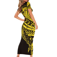 Yellow Marquesas Islands Family Matching Short Sleeve Bodycon Dress and Hawaiian Shirt Marquesan Matatiki Hammerhead Shark Patutiki - Polynesian Pride