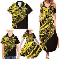 Yellow Marquesas Islands Family Matching Summer Maxi Dress and Hawaiian Shirt Marquesan Matatiki Hammerhead Shark Patutiki - Polynesian Pride