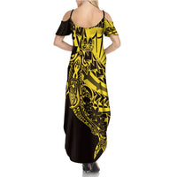 Yellow Marquesas Islands Family Matching Summer Maxi Dress and Hawaiian Shirt Marquesan Matatiki Hammerhead Shark Patutiki - Polynesian Pride