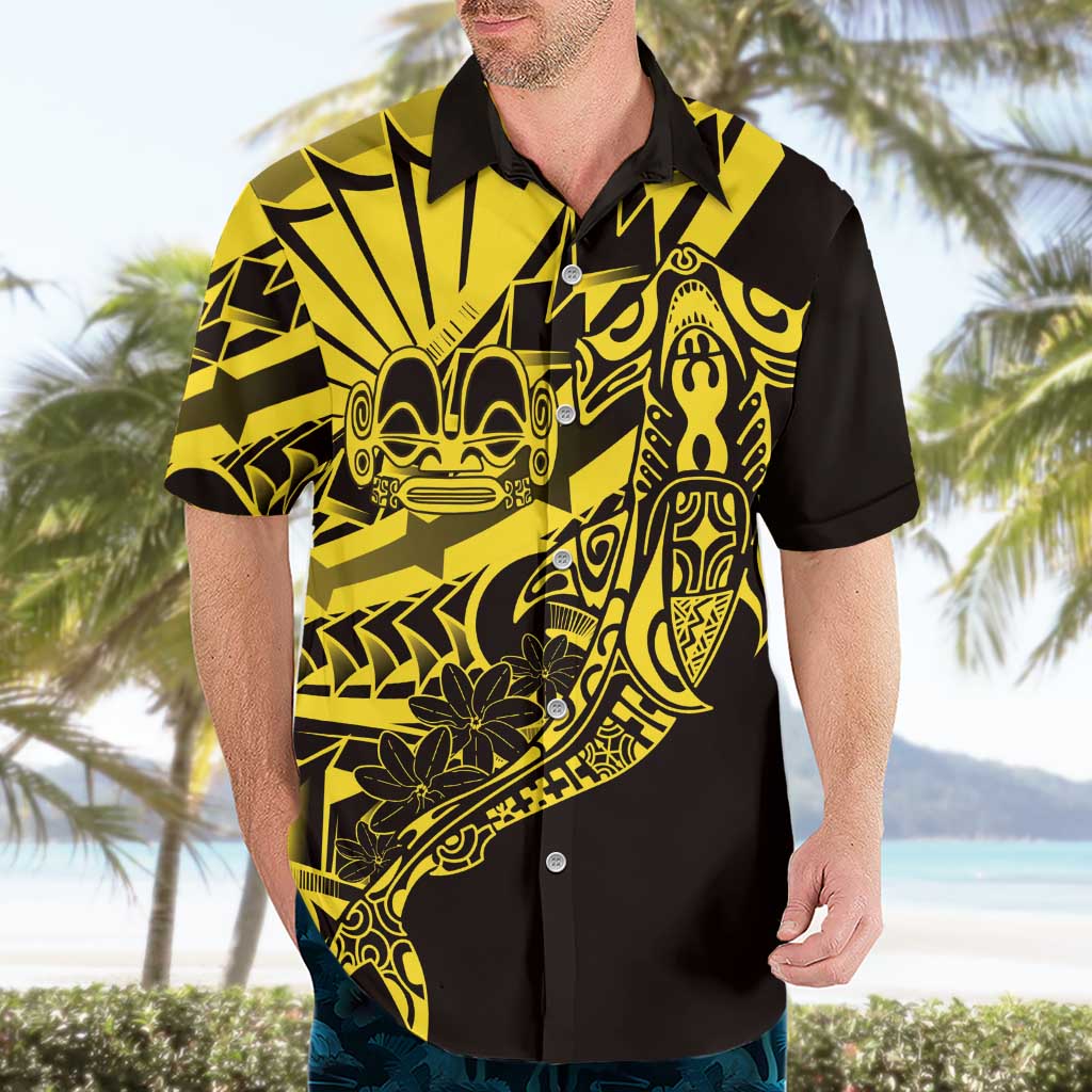 Yellow Marquesas Islands Hawaiian Shirt Marquesan Matatiki Hammerhead Shark Patutiki - Polynesian Pride