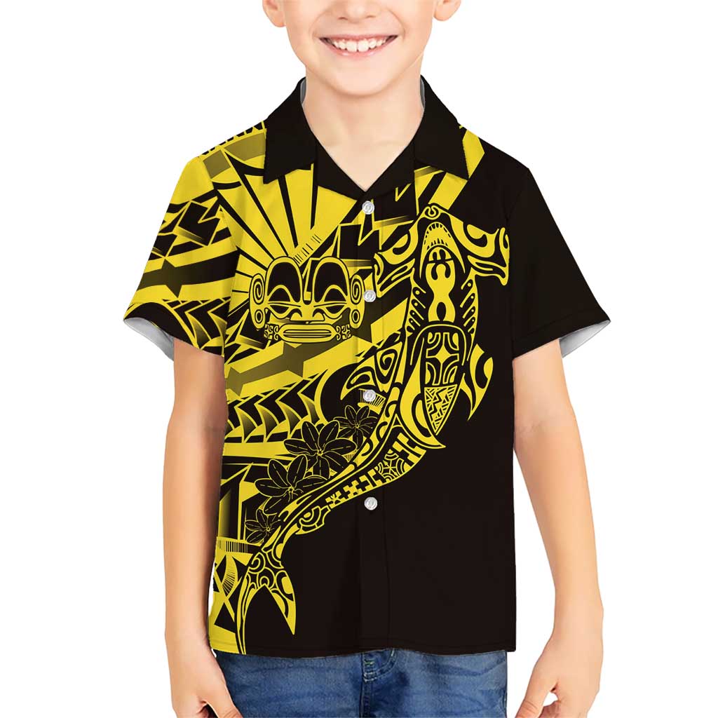 Yellow Marquesas Islands Kid Hawaiian Shirt Marquesan Matatiki Hammerhead Shark Patutiki - Polynesian Pride
