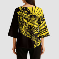 Yellow Marquesas Islands Kimono Sleeve Blouse Marquesan Matatiki Hammerhead Shark Patutiki - Polynesian Pride