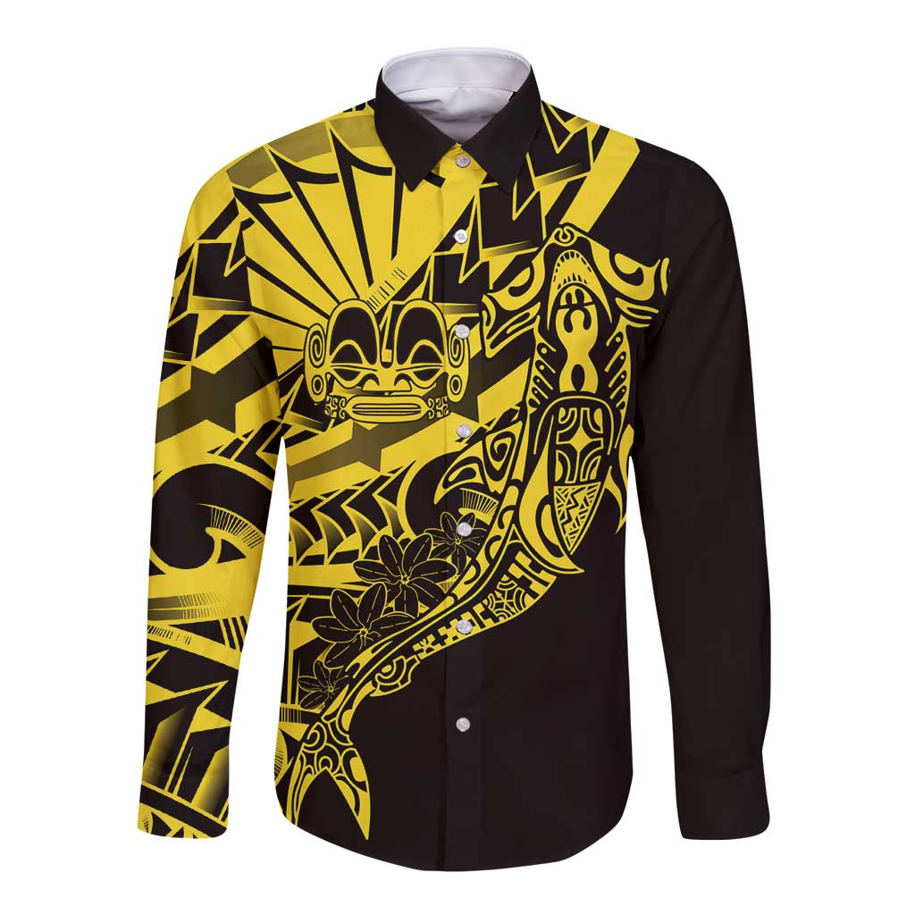 Yellow Marquesas Islands Long Sleeve Button Shirt Marquesan Matatiki Hammerhead Shark Patutiki - Polynesian Pride