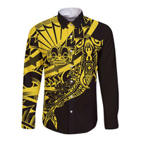 Yellow Marquesas Islands Long Sleeve Button Shirt Marquesan Matatiki Hammerhead Shark Patutiki - Polynesian Pride