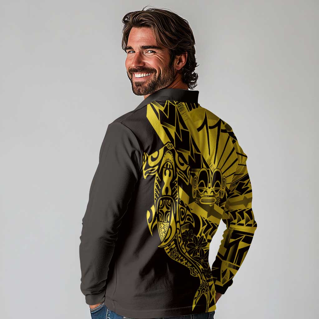 Yellow Marquesas Islands Long Sleeve Polo Shirt Marquesan Matatiki Hammerhead Shark Patutiki - Polynesian Pride