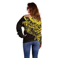 Yellow Marquesas Islands Off Shoulder Sweater Marquesan Matatiki Hammerhead Shark Patutiki - Polynesian Pride