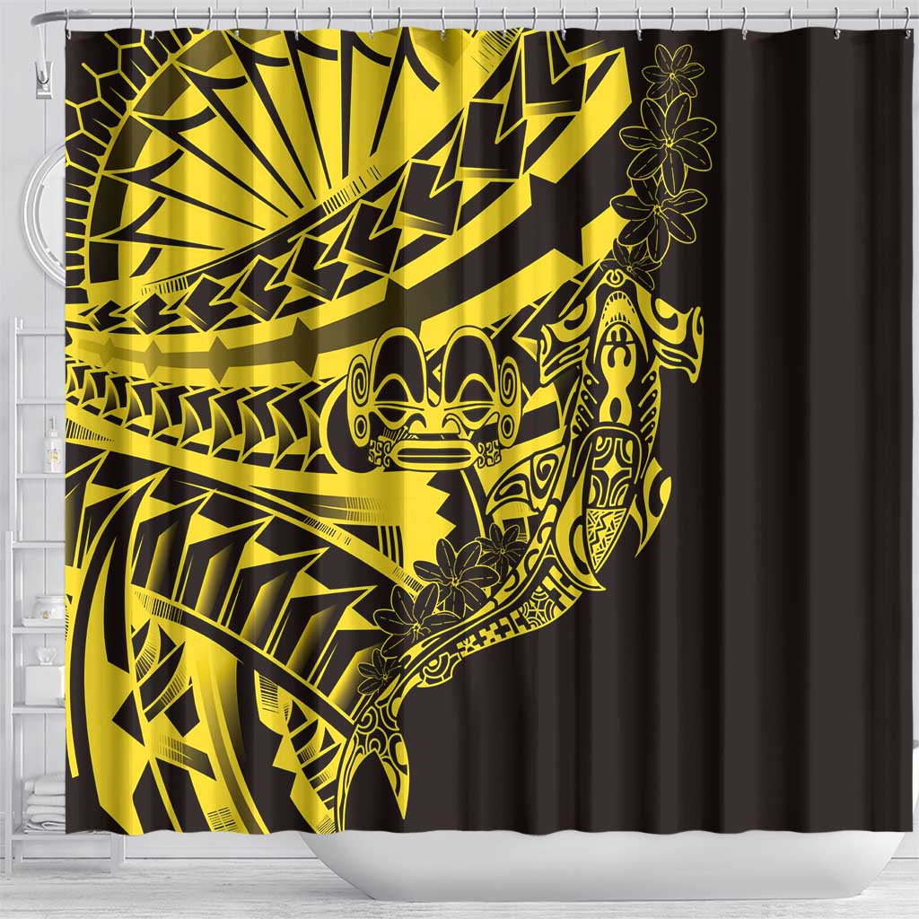 Yellow Marquesas Islands Shower Curtain Marquesan Matatiki Hammerhead Shark Patutiki - Polynesian Pride