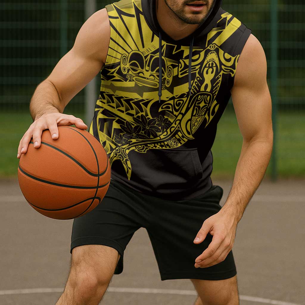 Yellow Marquesas Islands Sleeveless Hoodie Marquesan Matatiki Hammerhead Shark Patutiki - Polynesian Pride