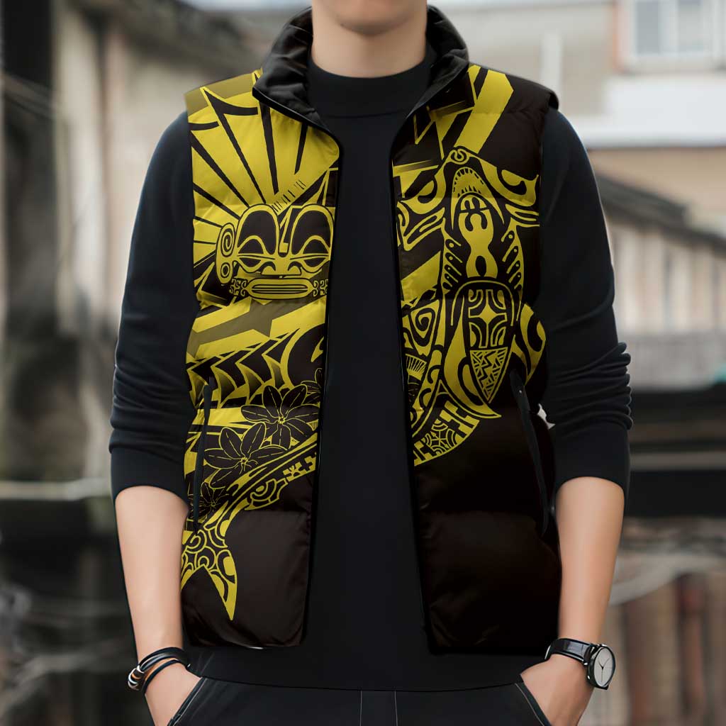 Yellow Marquesas Islands Sleeveless Puffer Jacket Marquesan Matatiki Hammerhead Shark Patutiki - Polynesian Pride