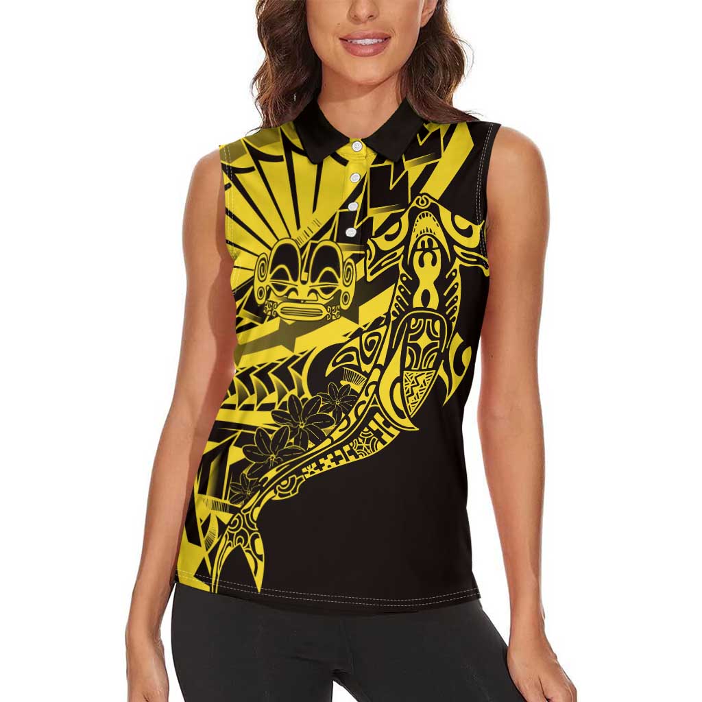 Yellow Marquesas Islands Women Sleeveless Polo Shirt Marquesan Matatiki Hammerhead Shark Patutiki - Polynesian Pride