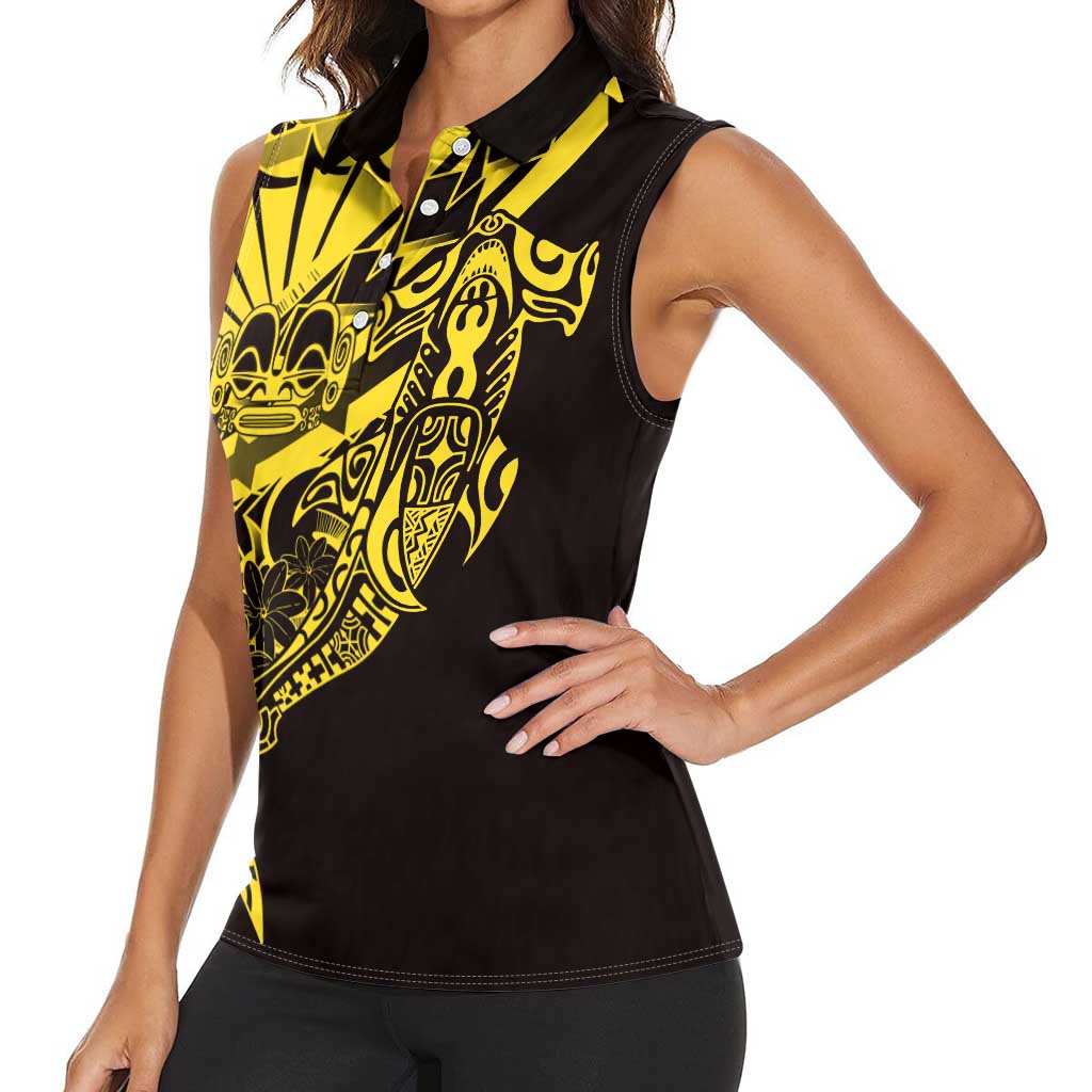 Yellow Marquesas Islands Women Sleeveless Polo Shirt Marquesan Matatiki Hammerhead Shark Patutiki - Polynesian Pride