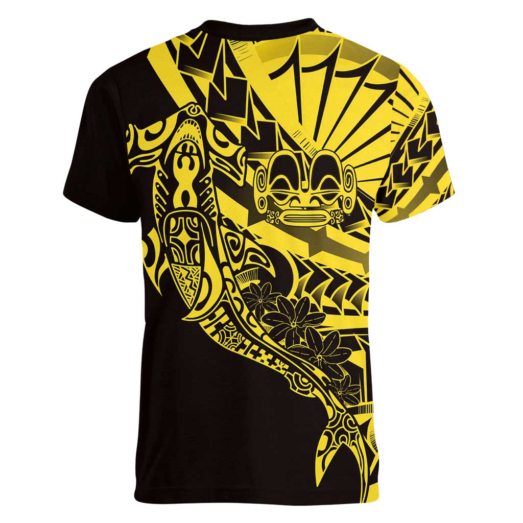 Yellow Marquesas Islands Women V-Neck T-Shirt Marquesan Matatiki Hammerhead Shark Patutiki - Polynesian Pride