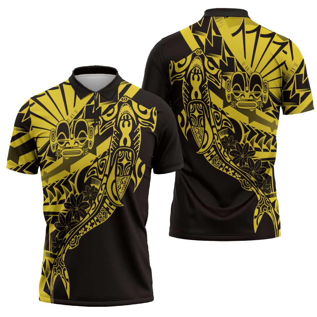 Yellow Marquesas Islands Zipper Polo Shirt Marquesan Matatiki Hammerhead Shark Patutiki - Polynesian Pride