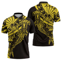 Yellow Marquesas Islands Zipper Polo Shirt Marquesan Matatiki Hammerhead Shark Patutiki - Polynesian Pride