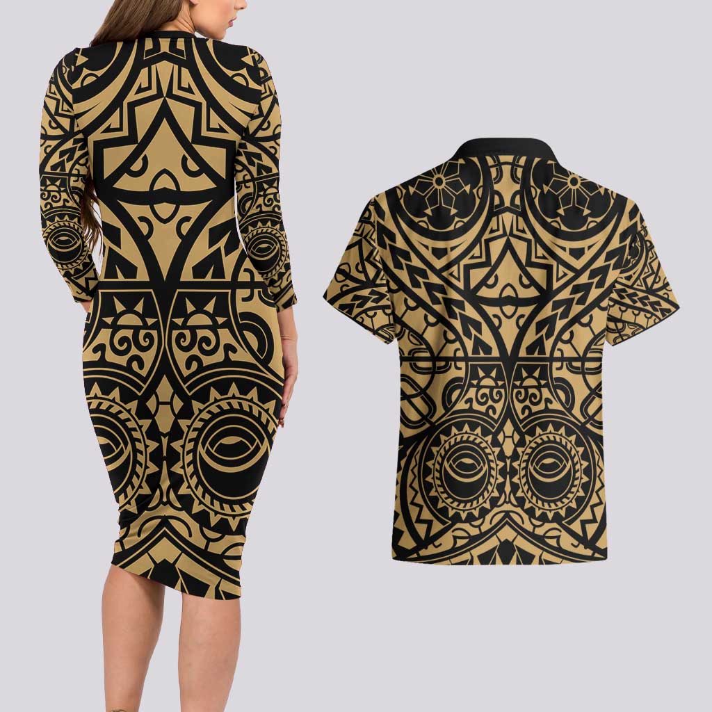 Austral Islands Couples Matching Long Sleeve Bodycon Dress and Hawaiian Shirt Tuhaa Pae Penu Stars Necklace Gold - Polynesian Pride