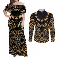 Austral Islands Couples Matching Off Shoulder Maxi Dress and Long Sleeve Button Shirt Tuhaa Pae Penu Stars Necklace Gold - Polynesian Pride