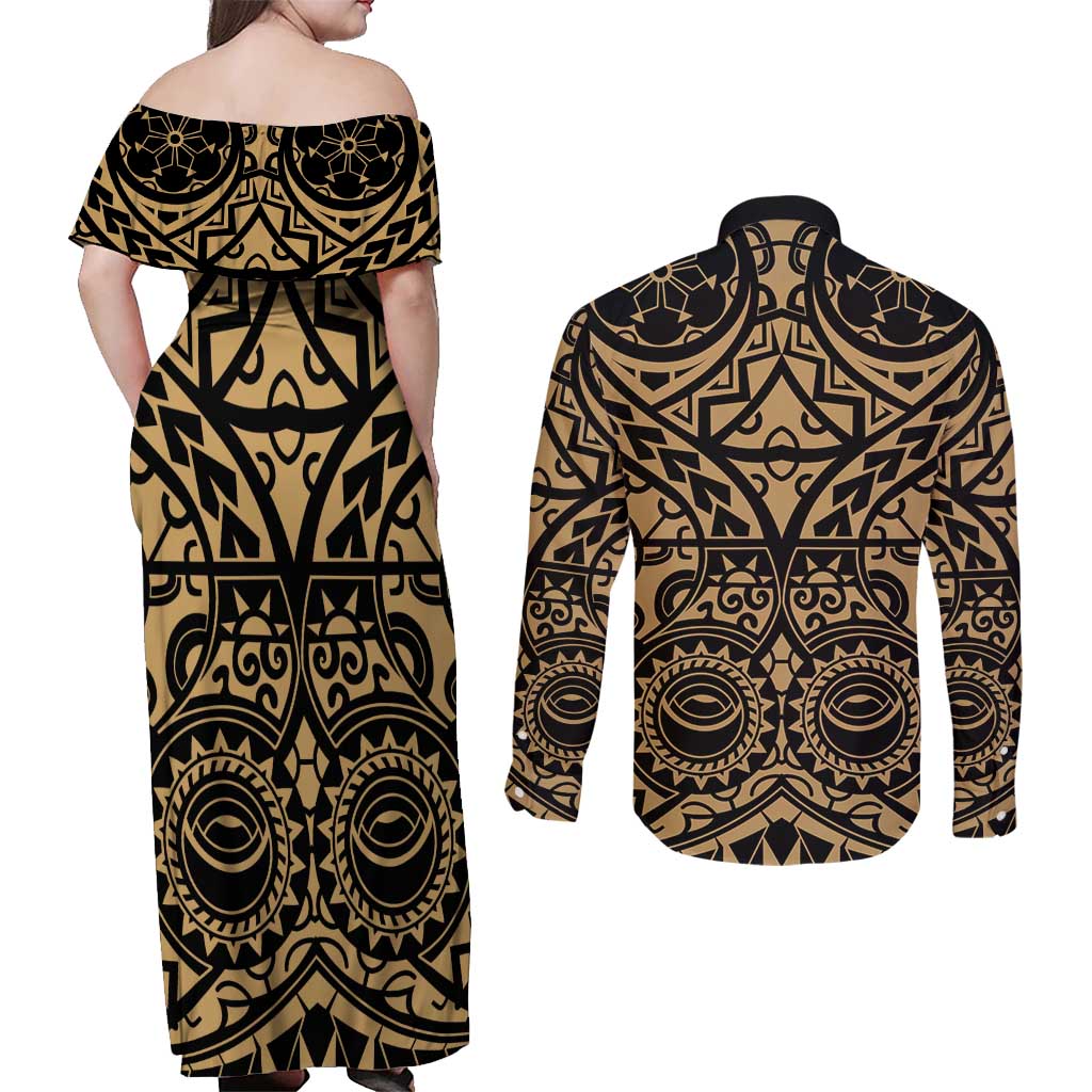 Austral Islands Couples Matching Off Shoulder Maxi Dress and Long Sleeve Button Shirt Tuhaa Pae Penu Stars Necklace Gold - Polynesian Pride