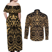 Austral Islands Couples Matching Off Shoulder Maxi Dress and Long Sleeve Button Shirt Tuhaa Pae Penu Stars Necklace Gold - Polynesian Pride