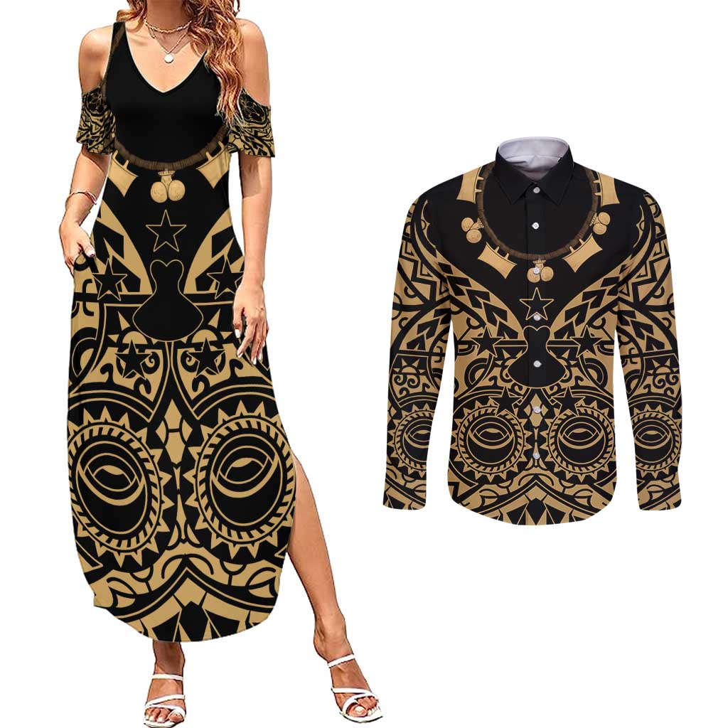 Austral Islands Couples Matching Summer Maxi Dress and Long Sleeve Button Shirt Tuhaa Pae Penu Stars Necklace Gold - Polynesian Pride