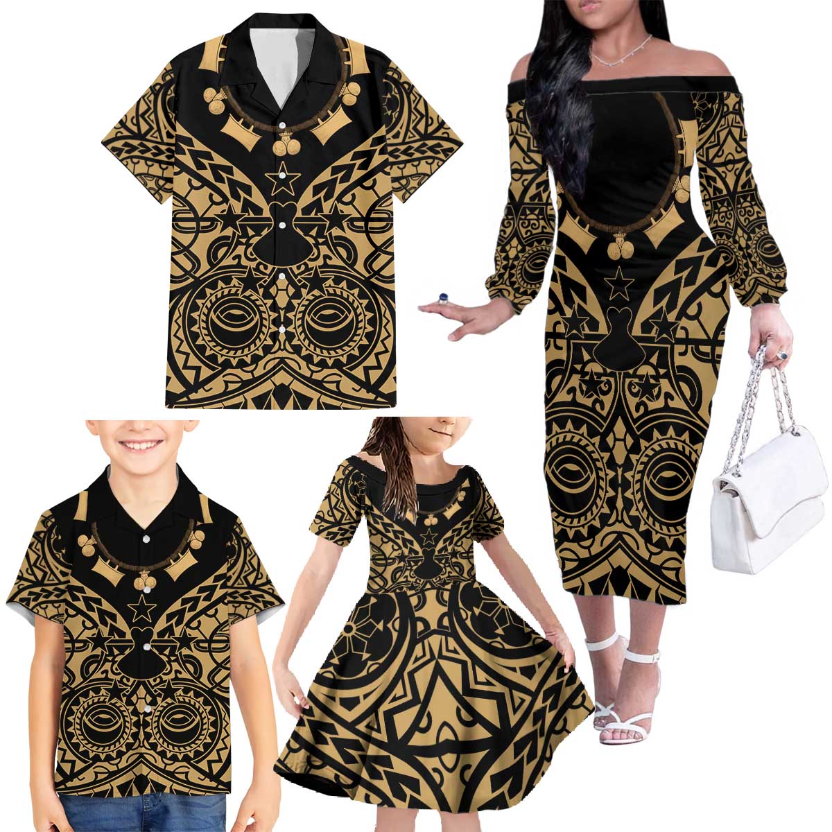 Austral Islands Family Matching Off The Shoulder Long Sleeve Dress and Hawaiian Shirt Tuhaa Pae Penu Stars Necklace Gold - Polynesian Pride