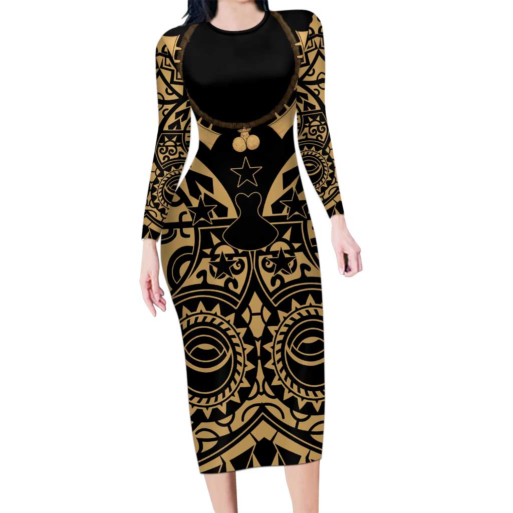 Austral Islands Long Sleeve Bodycon Dress Tuhaa Pae Penu Stars Necklace Gold - Polynesian Pride